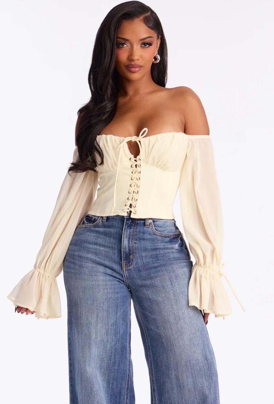 Fashion Nova Shore Line Off Shoulder Chiffon Top Medium Cream Coquette Milkmaid